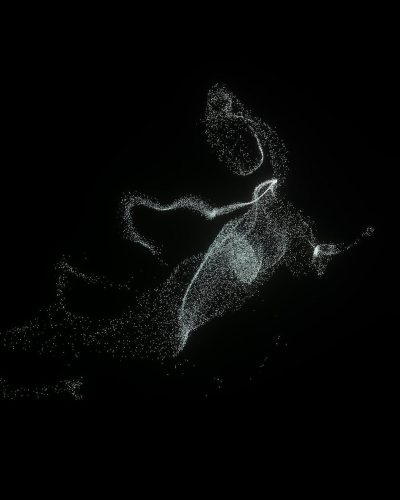 a black background with an elegant white line drawing of the silhouette of A person dancing, composed entirely from thousands tiny dots of light