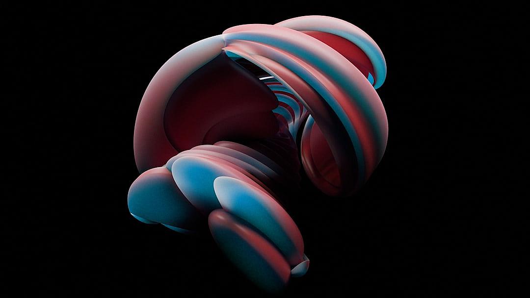 abstract digital art of red and blue abstract forms in the shape of an ear on a black background, 3d render in the style of cinema4D with a glitch effect, high resolution and hyper realistic and super detailed