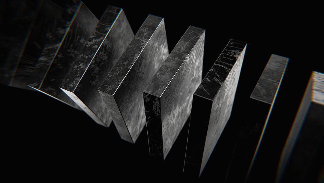 3D render of steel plates in different shapes and sizes, arranged to create an abstract composition on black background, emphasizing the texture and depth of metal material, with soft lighting creating shadows that accentuate their intricate details, conveying motion or levitation through subtle gradients, rendered using C4d for realistic texturing and rendering,