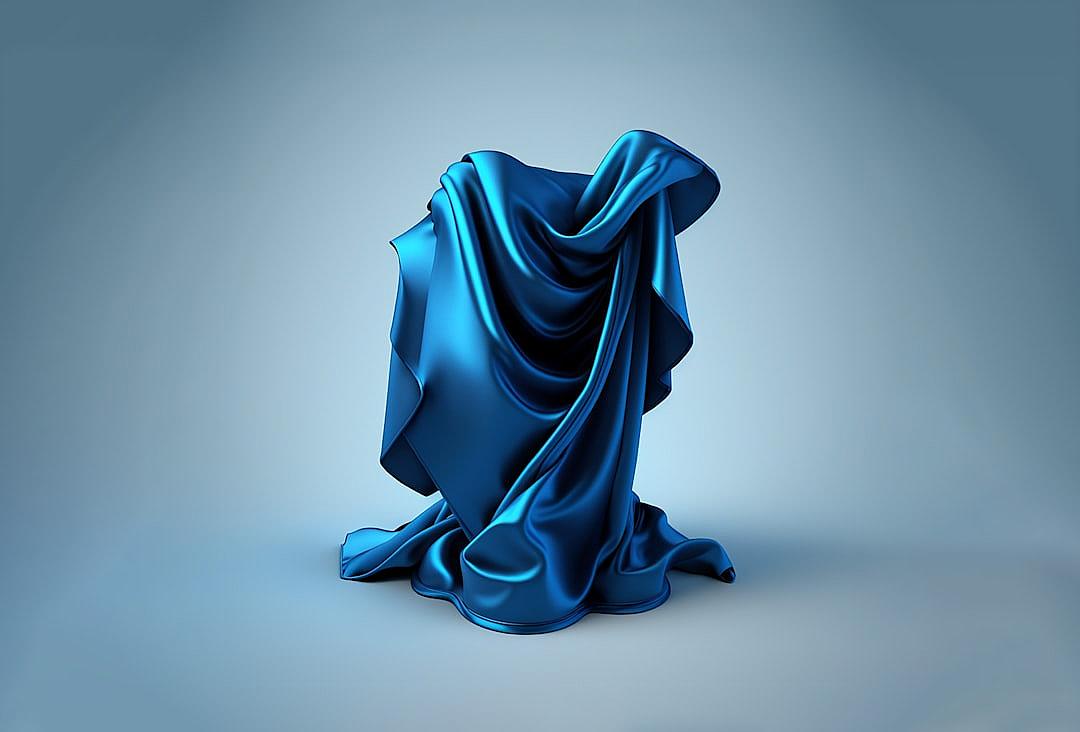 3d render of blue cloth draped over box on light grey background, studio lighting, high resolution photography, insanely detailed, fine details, isolated plain, stock photo quality