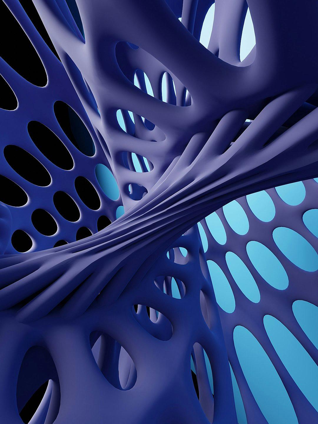 3d render of blue abstract structure with rounded holes, blue background,