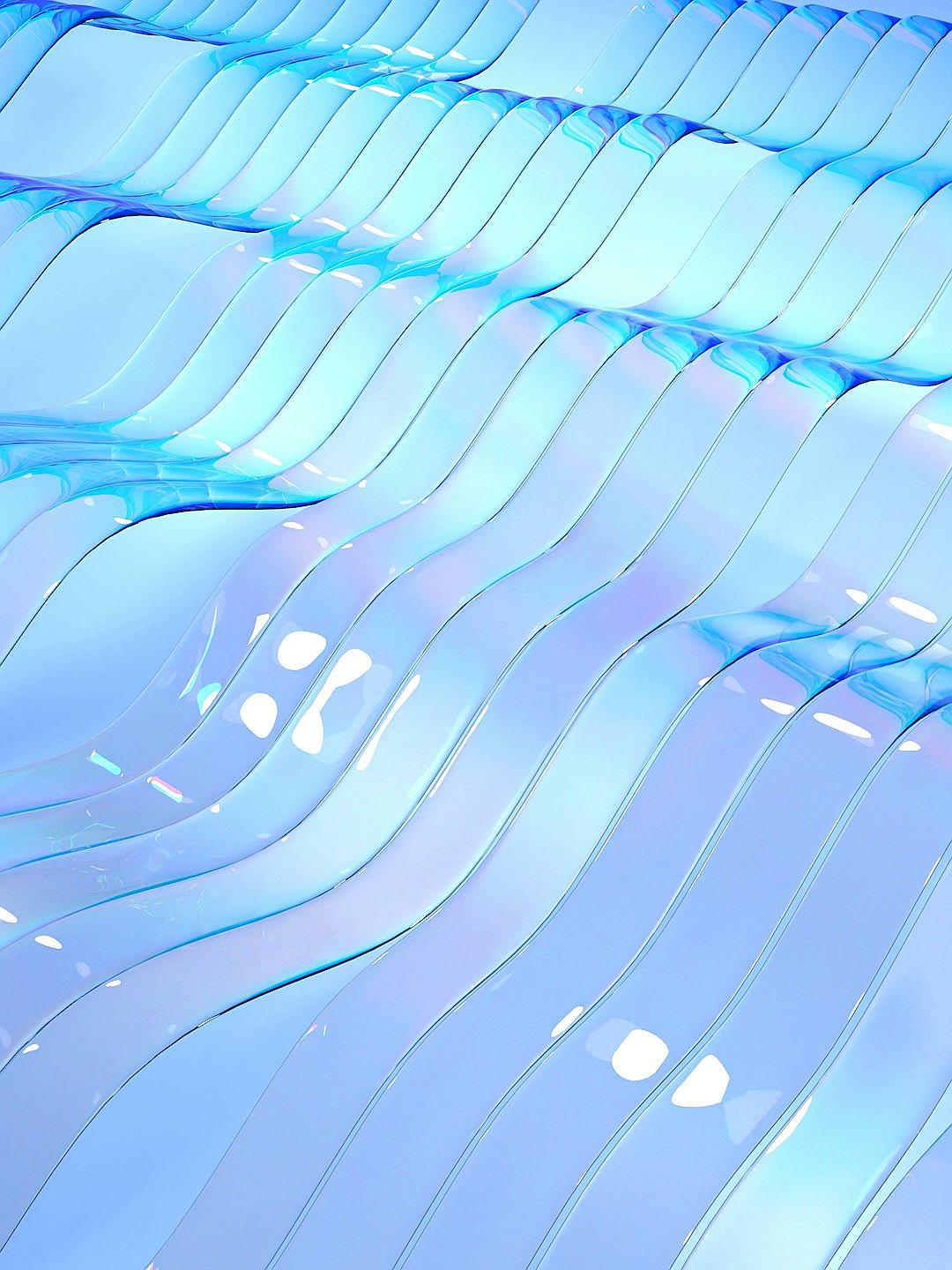 A light blue background with white lines of different thickness and colors, resembling waves or ripples, with clear edges and shapes in the style of futuristic architecture. The image is composed using C4D software, featuring 3D rendering techniques, with a glass texture. It features high definition resolution and an extremely realistic effect. The overall composition presents a sense of technology and futurism without any repeated words or Chinese characters.