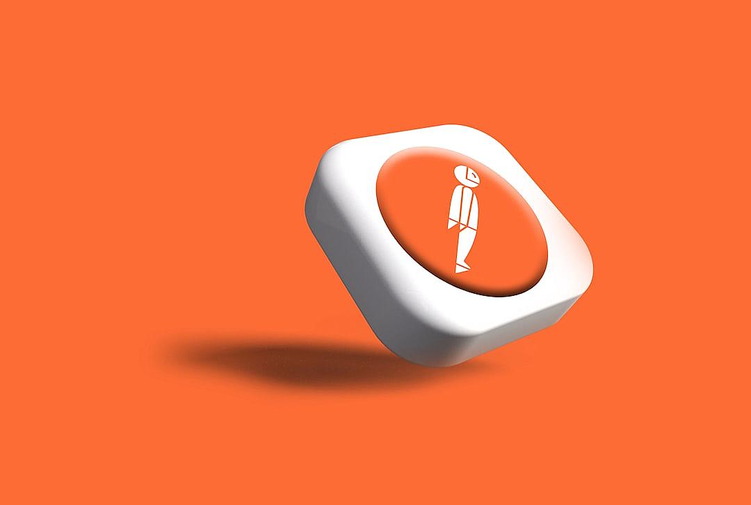 3d icon of an orange and white button with the person walking in it, orange background, 2D illustration style, minimalistic design, high resolution