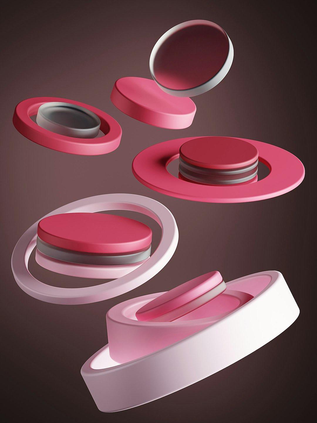 A set of pink and white circular rings floating in the air, with three or four solid color flat lips at different heights. The composition is symmetrical and balanced, with a dark background and a sense of space, rendered using C4D software, creating an overall atmosphere of minimalist style. It has a soft tone and a clean surface in the style of minimalism.