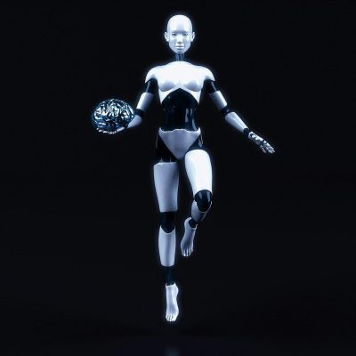 3d render of full body female robot levitating in the air holding brain with one hand, black background, black and white color theme, blender rendering, simple design,