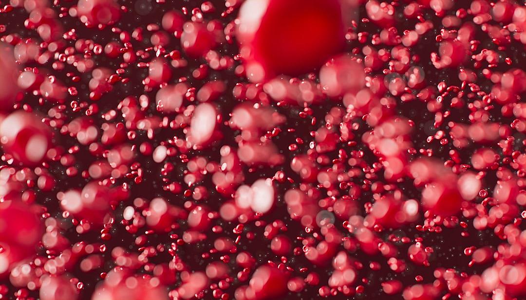 Red wine liquid background, with small bubbles floating in the air and large red fruit seeds scattered on it. The scene is captured from an overhead perspective using a Canon EOS R5 camera, using macro photography to highlight details of sparkling water droplets. Bright light illuminates the surface, creating a lively atmosphere. High resolution, high quality photo in the style of a professional.