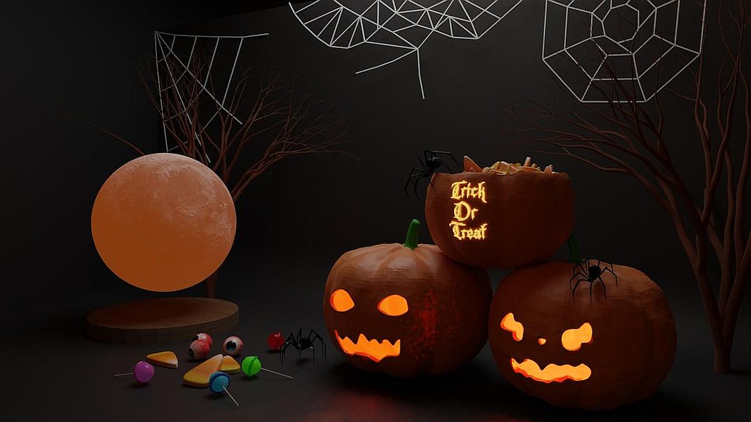 Halloween themed scene with pumpkins, spider webs and candy in front of the moon on a black background. Halloween concept “‘& virtual event design'” written on a pumpkin, rendered in the style of cinema4d, octane render, vray tracing, unreal engine 5, a 3D render, high resolution, hyper quality, hyper realistic, detailed.