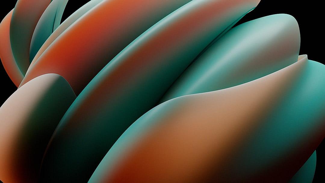 abstract shapes, close up, 3D render, teal and orange gradient color scheme, black background, organic shape, smooth curves in the style of abstract shapes, close up, 3D render, teal and orange gradient color scheme, black background, organic shape, smooth curves