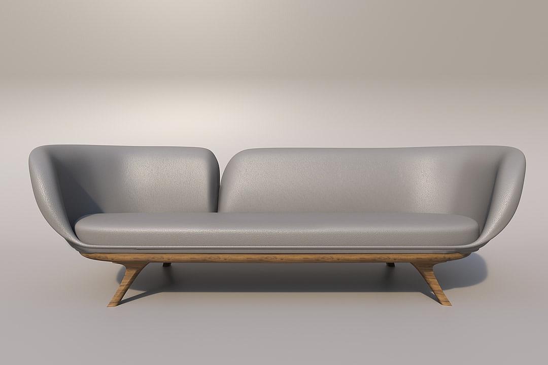 Sofa design rendering, front view, with a simple background. The sofa has wooden legs and a light gray leather material with a wood grain color finish. It is a three seater sofa with a flat surface top and soft, rounded shape with smooth lines. The style is minimalist and simple, giving a high-end feel, in the style of modern furniture designers.