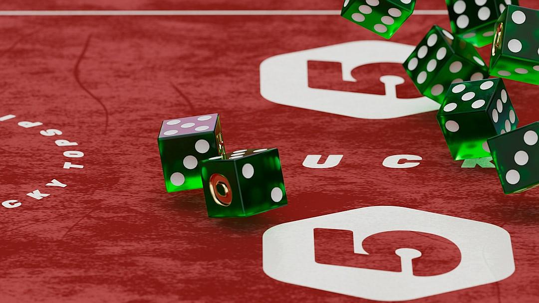 green dice on a red table with white letters “uc” written in the background, in the style of a casino