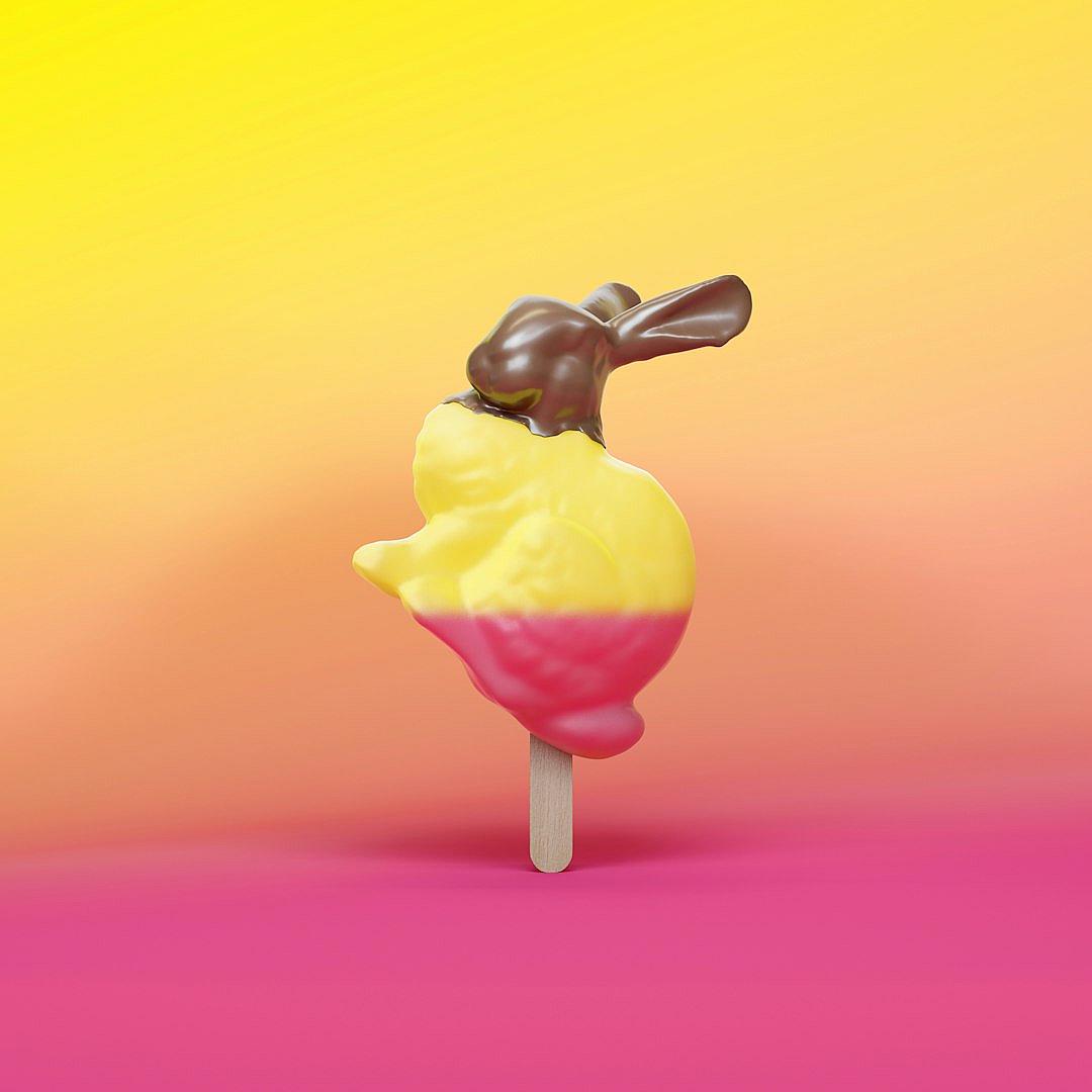 A chocolate Easter bunny sitting on top of an ice cream popsicle against a pink and yellow gradient background in vibrant colors, in the style of product photography.