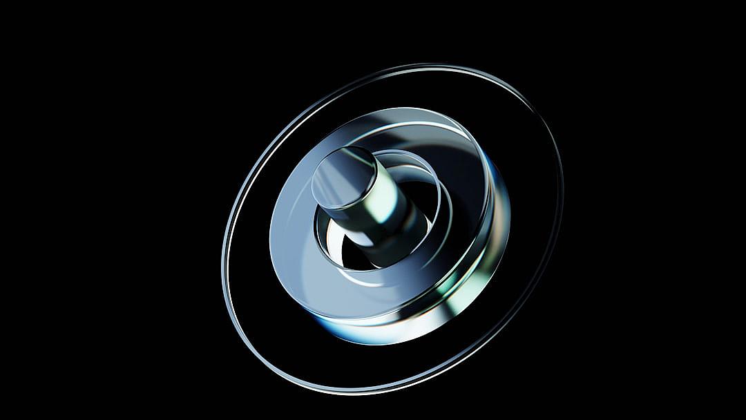 abstract glass spiral on black background, made of glass material, in the style of chrome, 3d render, created in cinema4D, blender