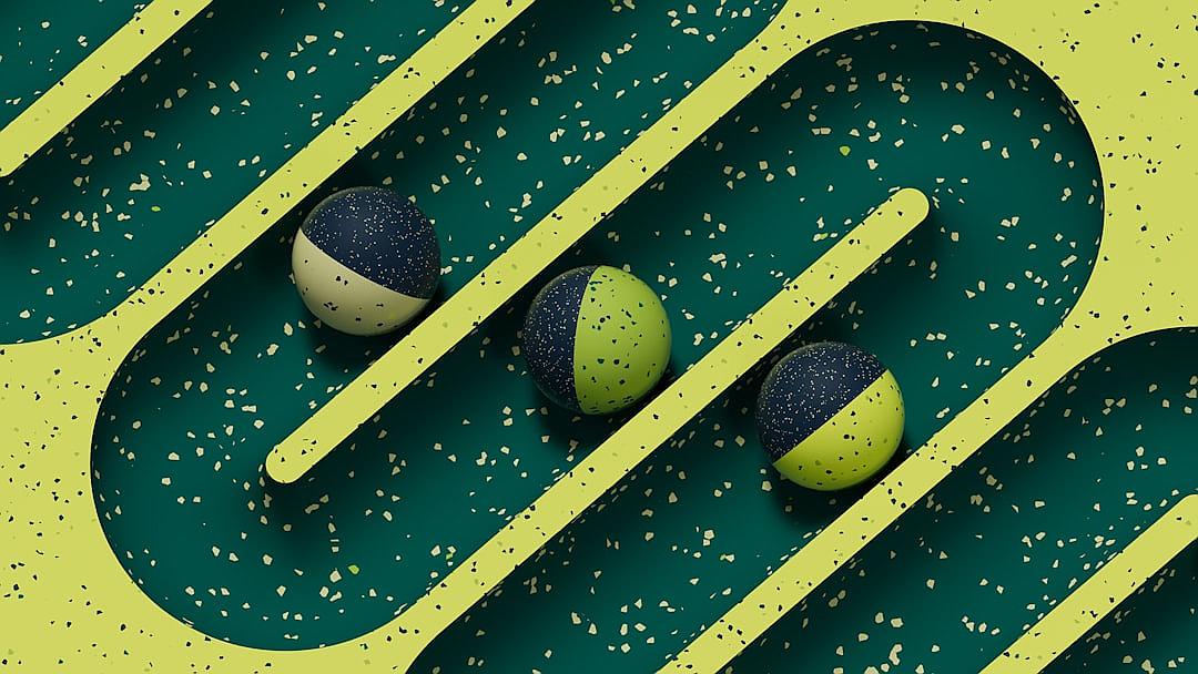 A graphic design of three tennis balls rolling on a green and yellow terrazzo floor with stripes, creating an abstract pattern. The composition is symmetrical, with the lines representing movement in the space between them. This style in the style of commercial advertising or product branding creates depth and visual interest.