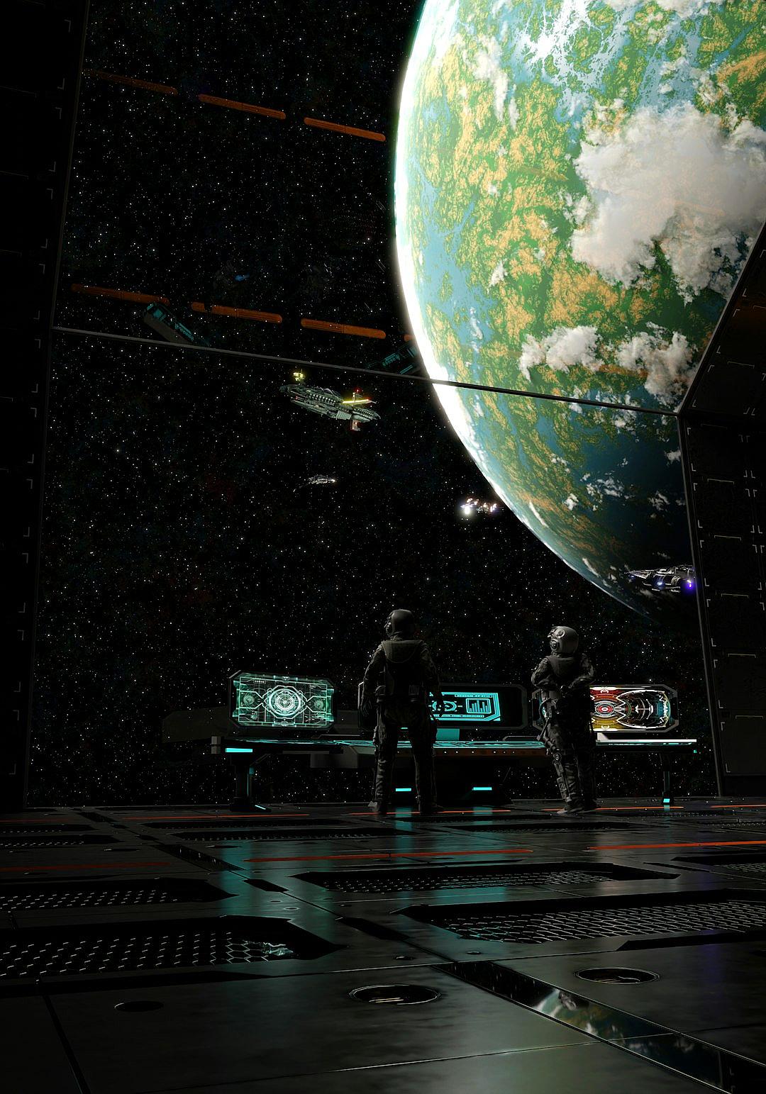 Two people are standing in front of an LED screen inside a space station. Earth is floating outside with a scifi style space background and futuristic design elements. The color scheme is black and green with a hightech ambiance. Astronauts are walking around as a large Earth is on display with a cinematic composition. Ultrarealistic details are featured with dramatic lighting and high resolution, in the style of a futuristic sci-fi scene.