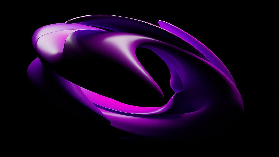 abstract purple shape on black background, dark violet and light magenta in the style of, smooth curves, rendered in cinema4d, rounded forms, crisp edges, low contrast