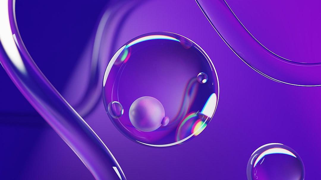 3D purple background with bubbles and curves, rendered in the style of Cinema4d, minimalist backgrounds, high resolution, octane render, fluid glass shapes, simple designs, glassy tones, reflections of light on the surface, clean lines, glossy textures, smooth edges, soft lighting, delicate details, vibrant colors, minimalistic style.