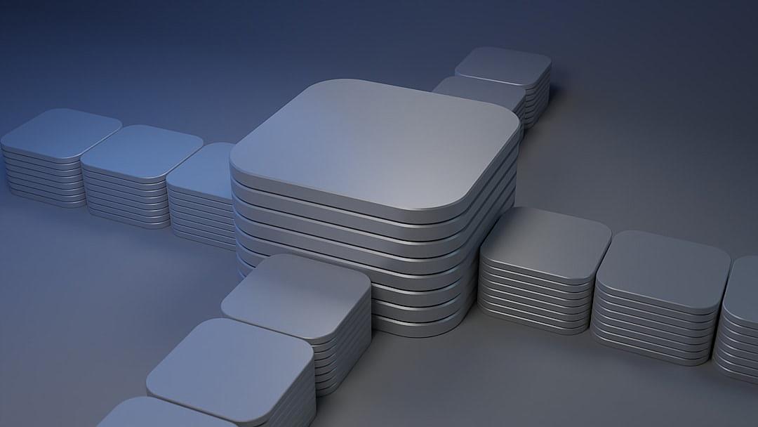 3D render of silver square rounded corners platform, multiple stacked on top of each other, on dark grey background