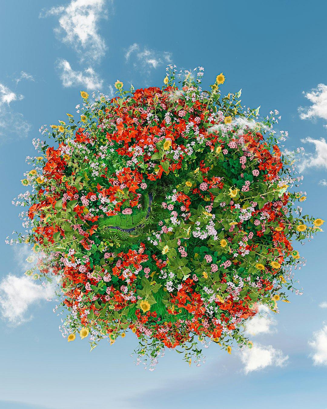 A large flower ball with red and white flowers, green leaves, flying in the sky, surrounded by blue sky and clouds, is composed of small wildflowers. It has a three-dimensional effect and rich details. The colors create an overall sense of vitality and joy. The image has high resolution and is in the style of an impressionist painter.