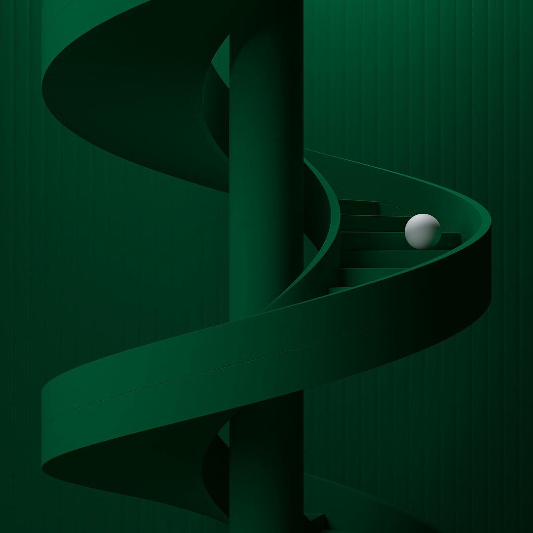 Minimalist green background vector with one spiral staircase and a ball rolling up the stairs, using a dark emerald color scheme. The artwork is depicted in the style of a dark emerald color scheme.