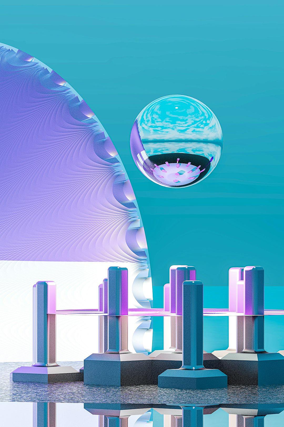 A futuristic scene of multiple purple and blue pillars, with one floating ball on top. The background is a gradient from light skyblue to dark turquoise, creating an atmosphere of calmness and modernity. In the foreground, there’s a closeup view of two geometric shapes resembling soft waves or ocean ripples, adding depth to the composition. This style captures the essence of a tranquil sea setting within a contemporary space.