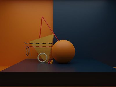 A minimalistic 3D scene with an orange sphere, yellow triangle and red semi-facing line on the left side of the screen, on top of a dark blue table, all rendered in Blender with the Octane renderer. The background is a solid color. There is no light source. In the style of playful cartoonish illustrations.