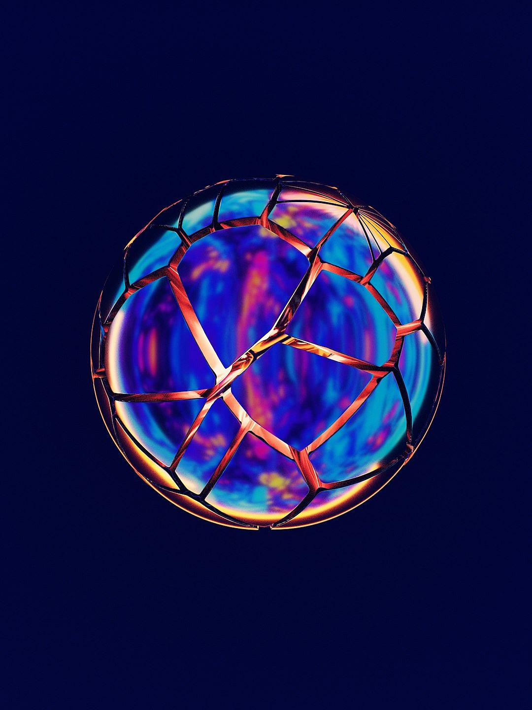 A photograph of an iridescent sphere with intricate patterns, centered on dark blue background, studio lighting, shot in high resolution