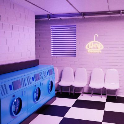 A white brick wall with a black and purple checkered floor, in the foreground is an electric blue laundromat machine. There are three chairs on each side of it for waiting to use one or more machines. Above them hangs a neon sign "chapters". The vibe is dreamy with a hyper realistic photographic and cinematic style.