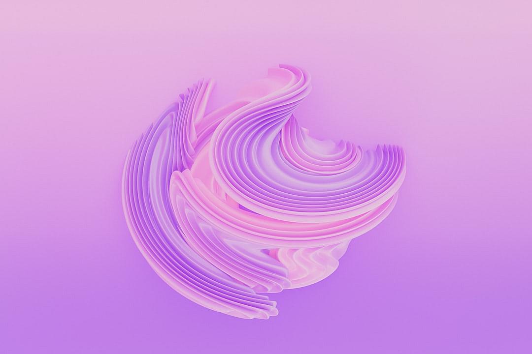 3D render of purple and pink swirls on a light background, an abstract shape with fluid lines and simple shapes in a minimalistic design in the style of elegant, soft lighting with high resolution and sharp focus with no blur, depth effect, shadows, or reflection.