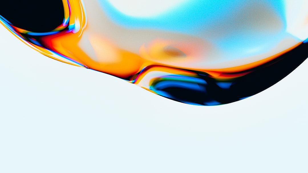 close up of an abstract shape made from liquid oil, floating in the air, blue and orange gradient color on white background, minimalistic