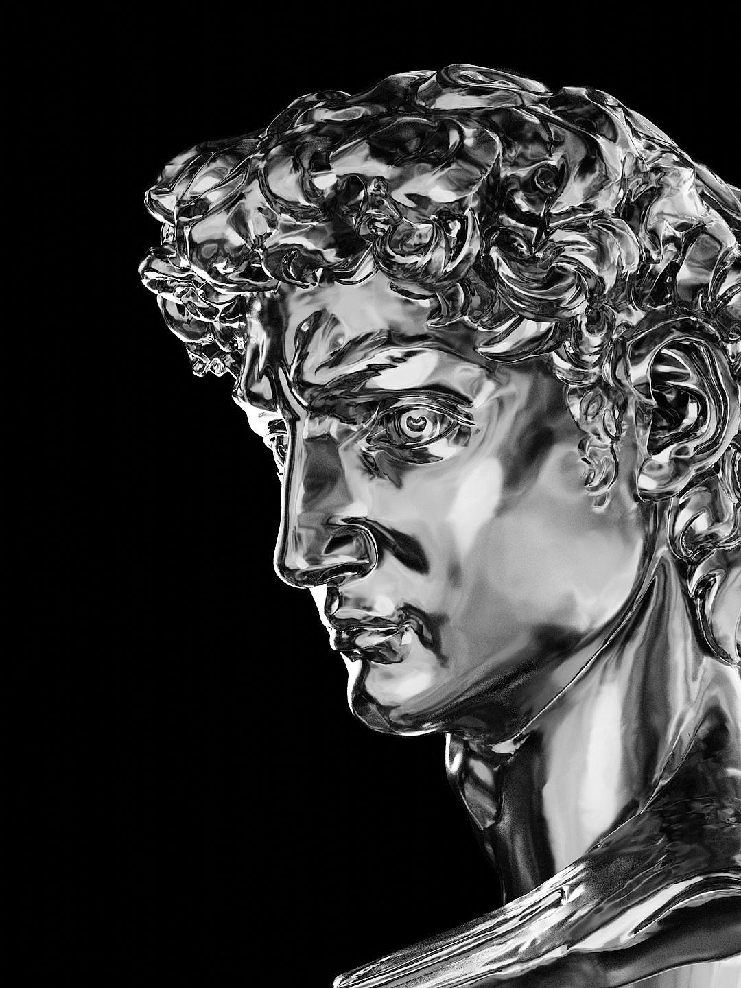 Shiny, glossy closeup of the head and shoulders from [Michelangelo](https://goo.gl/search?artist%20Michelangelo)’s David statue. The sculpture is made entirely out of liquid metal in an elegant style. It has curly hair with detailed facial features. The background should be black to highlight the shiny surface of his face. The overall mood is sophisticated and luxurious in the style of [Michelangelo](https://goo.gl/search?artist%20Michelangelo).