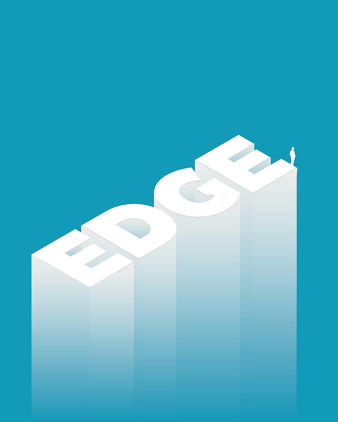 simple flat design of the word “edge” on top of a white bar with an isometric view. A man stands at one end and looks up to another person standing far away at its highest point, against a blue background, with white text color, in the style of vector art.