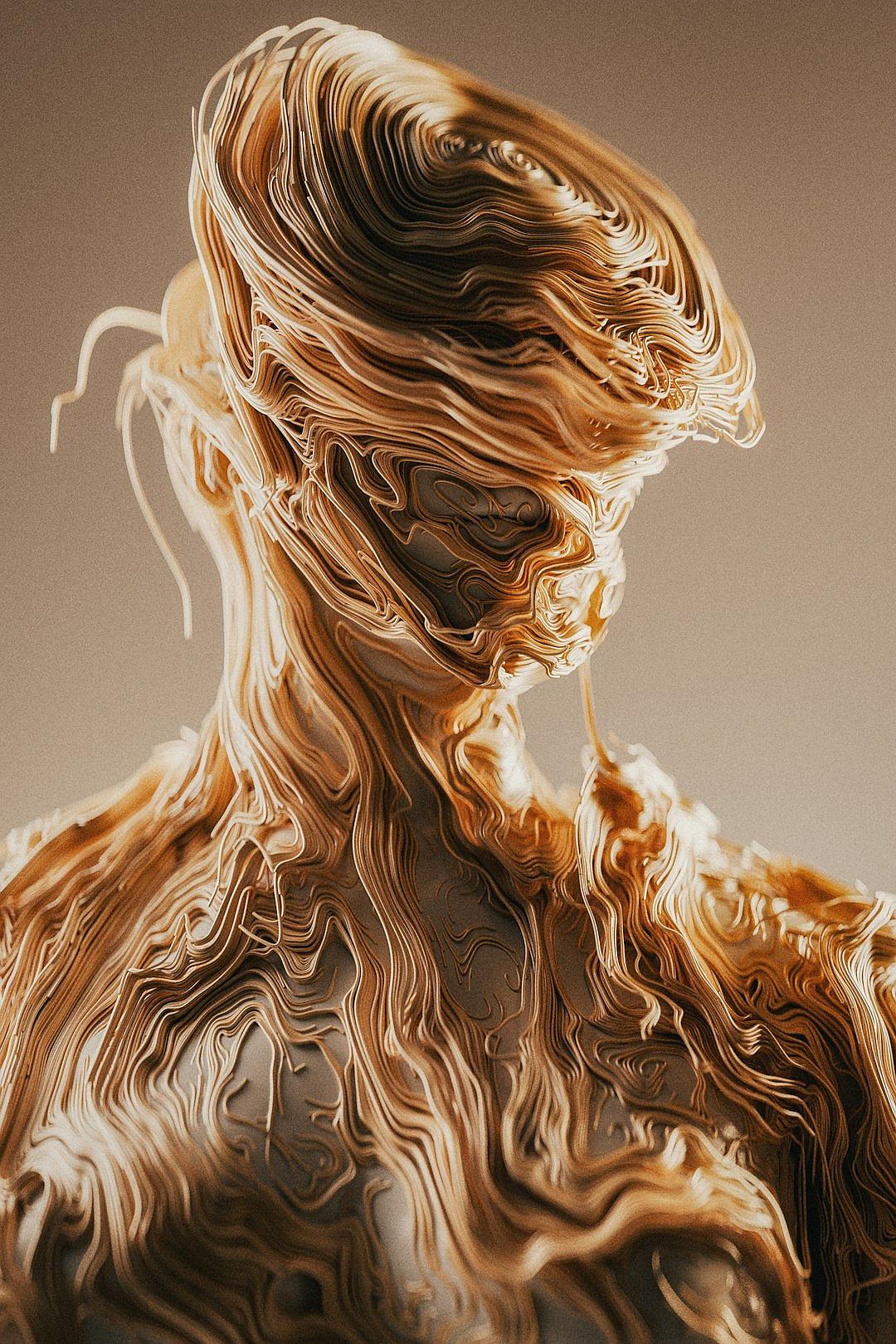 A highly detailed and realistic portrait of an abstract humanoid figure made entirely from swirling lines, the skin is made up of flowing curves and waves in shades of light brown and beige, creating depth and texture. The background is neutral with soft lighting to highlight every detail of the face and body. The overall mood is one of mystery and intrigue. It is in the style of digital art with a 3D rendering using Blender software.