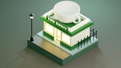 isometric coffee shop building with green and white colors, a big cup of hot drink on the roof, simple design, 3D render, in the style of cinema4D, cartoon style, isomorphic lines, black fence, lamp post, simple background, flat shading, high resolution, high detail, low poly design.