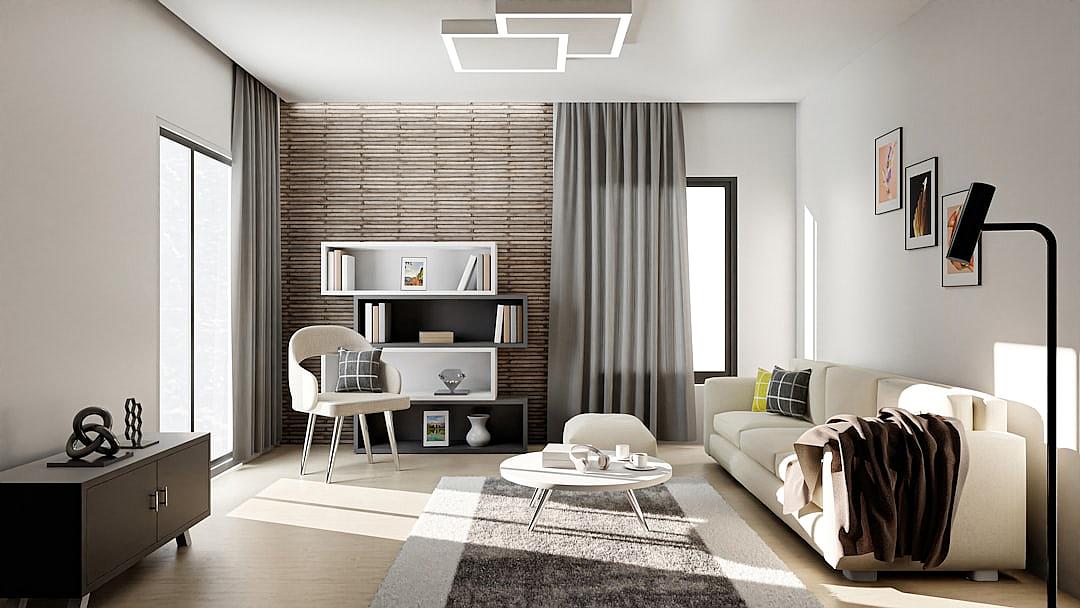 A small modern living room with wooden slats on the wall, a white sofa and coffee table, grey curtains, a light gray floor, a black sideboard in front of the window, books on a shelf, accessories on the coffee table, in the style of a modern interior design, an architectural rendering, a 3d render.