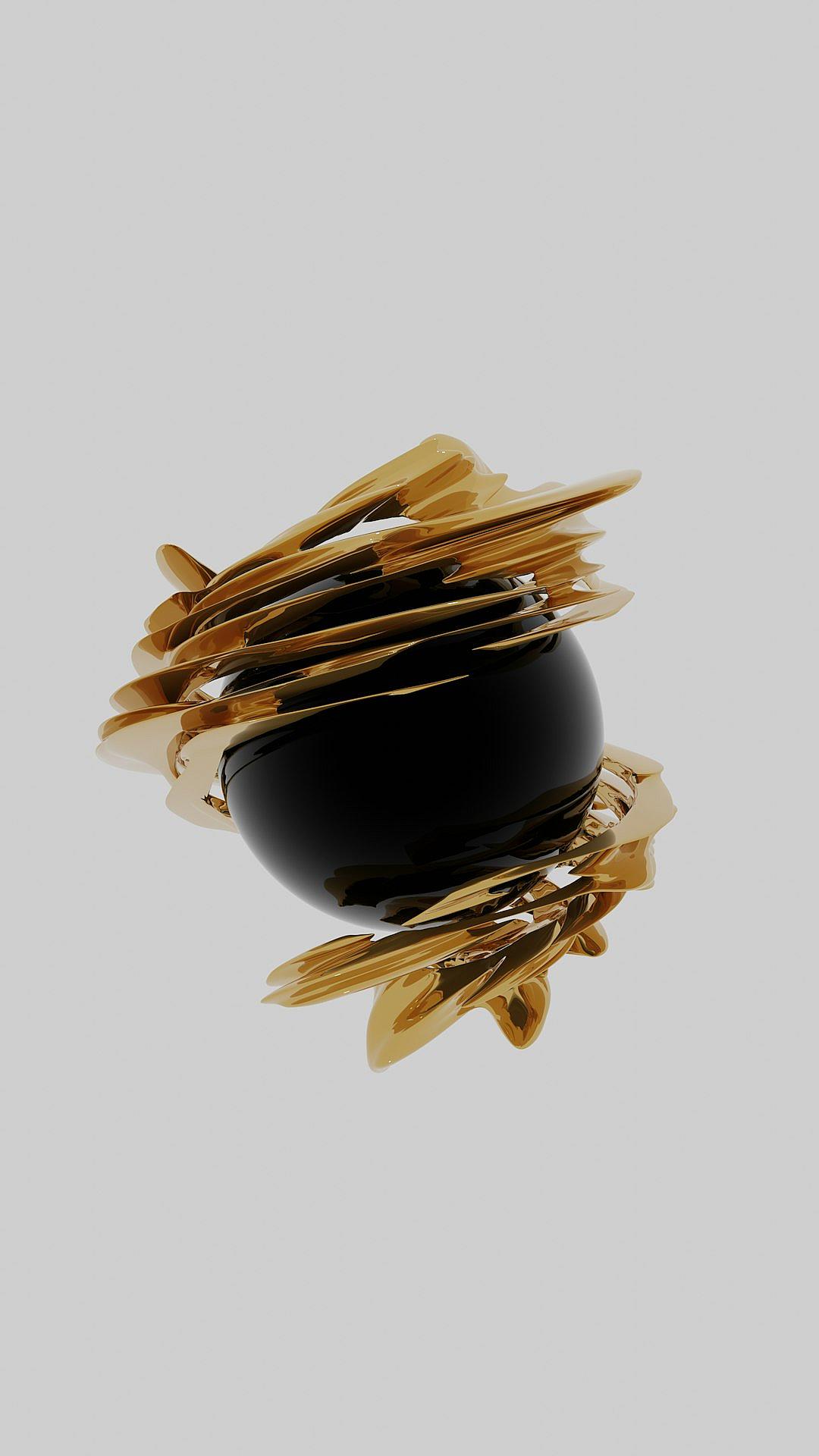 3D black matte clay texture object floating in the air with golden pieces around it, white background, high angle view, 50mm lens, centered composition, minimalistic, modern, octane render, hyper detailed, product photography, in the style of octane render.