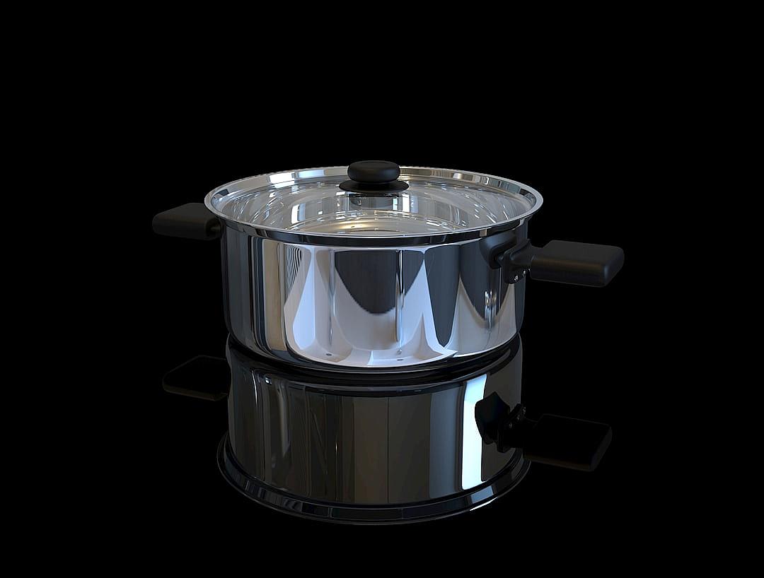 Statrix pot, black background, hyperrealistic style, metallic texture, reflection effect, high contrast lighting, wideangle lens, symmetrical composition, cool tones, clear details. The stainless steel pan is placed on the table with its lid open and steaming hot water inside it. It has two handles. In front of it stands an empty plate. The artwork is in the style of hyperrealism with clear details and cool tones.