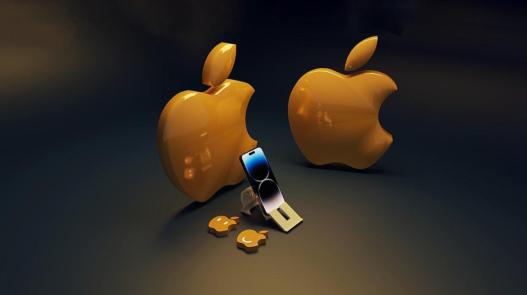 3D cartoon style apple logo, with an iPhone and coins next to it, on a dark background, in a golden color, at a high resolution.