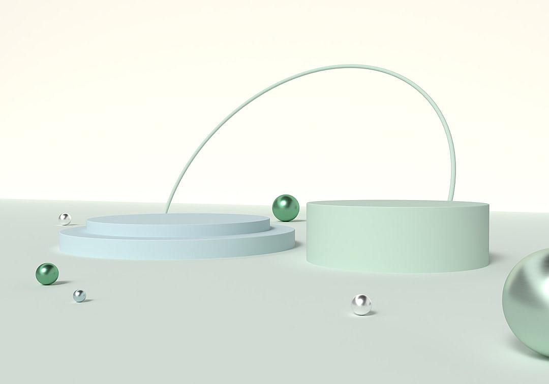 Minimalist stage design with pastel green and silver spheres, featuring two circular podiums on the left side of an empty space. The background is white and features subtle gradient shading. There’s a soft light effect around each platform to highlight their shapes. In front of them lies three metallic round balls in shades of gray. This scene has been created using Blender software, creating a clean and modern atmosphere in the style of a minimalist artist.