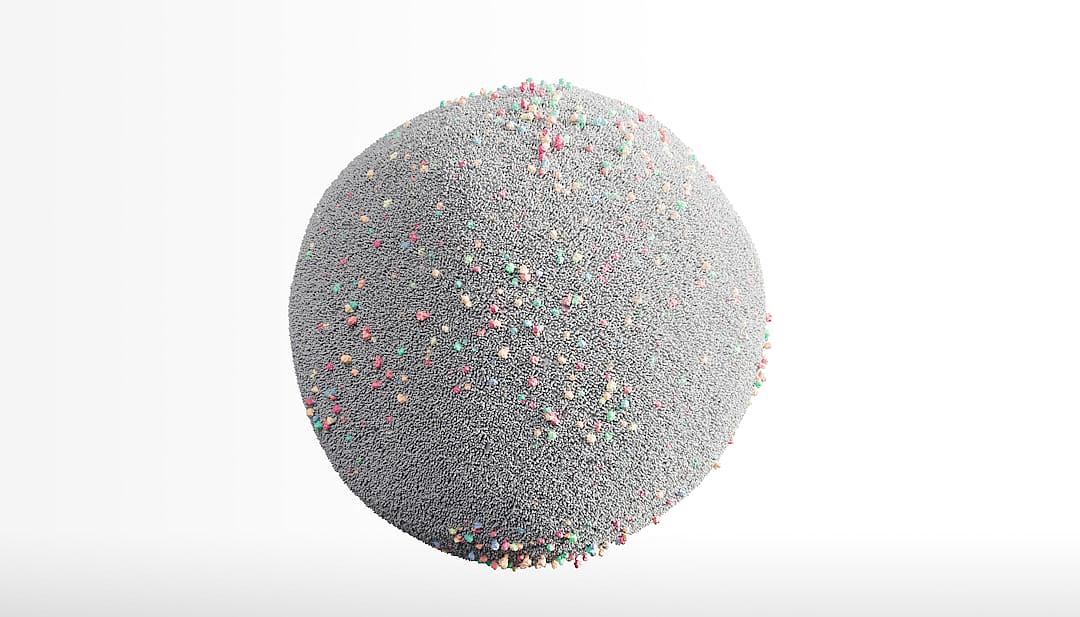 A grey sphere covered in tiny colourful sprinkles on a white background, rendered in a hyper realistic style, with an octane render engine.