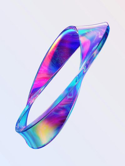 A futuristic headband made of iridescent plastic, floating in the air on a white background in product photography with studio lighting in a hyper realistic, high detail, super detailed, high quality style.