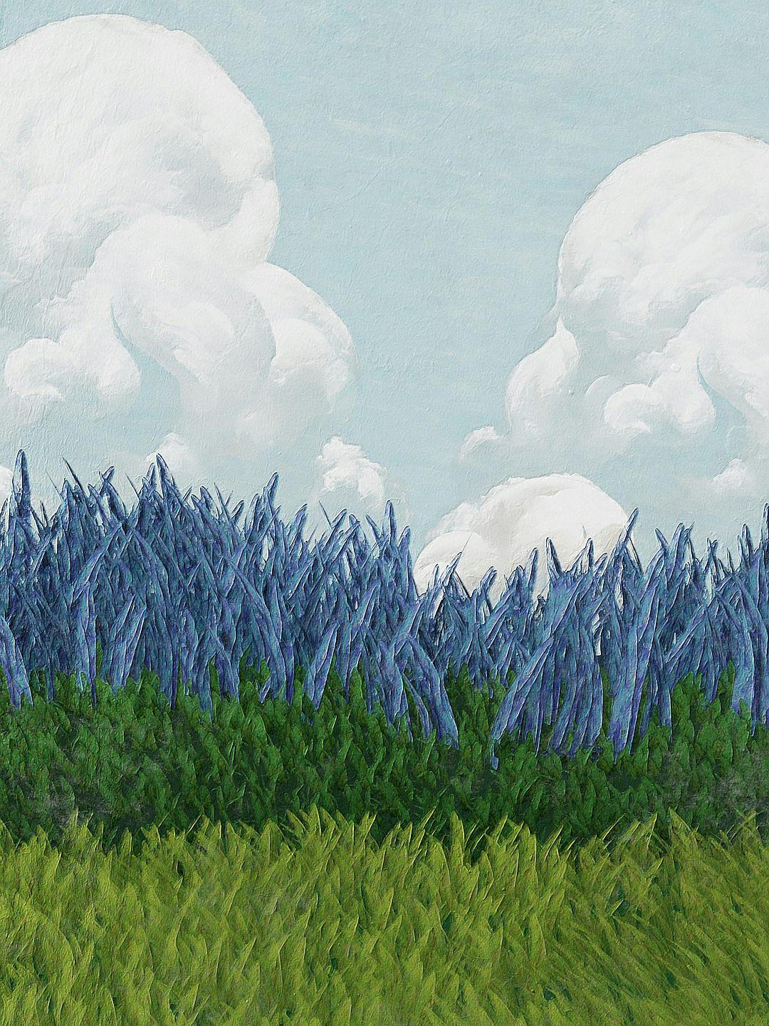 A painting of tall blue grasses in the foreground, green grass on top and white clouds in the background. In the style of [Henri Matisse](https://goo.gl/search?artist%20Henri%20Matisse).