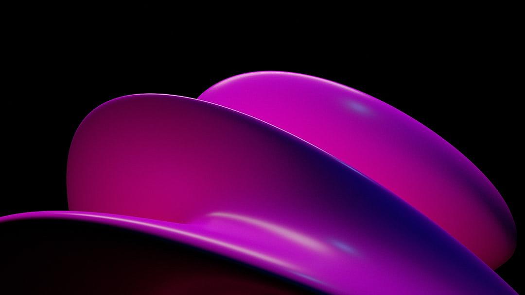 A closeup of two purple and pink curved shapes on a black background, in an abstract art style with a futuristic vibe. The hyperrealistic details and minimalist design feature smooth curves and a glossy finish with a shallow depth of field. The centered composition focuses on each shape’s smooth curves and glossy finish.