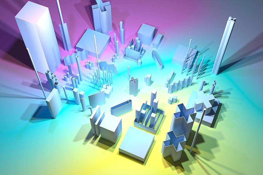 A simple city model with white buildings, cubes and rectangular shapes on an abstract colorful background. The perspective is from above looking down at the scene. In the center of the image there is a big cross in front of several skyscrapers. It looks like it was made in the style of Pixar or Disney, with soft lighting and a slight glow effect.