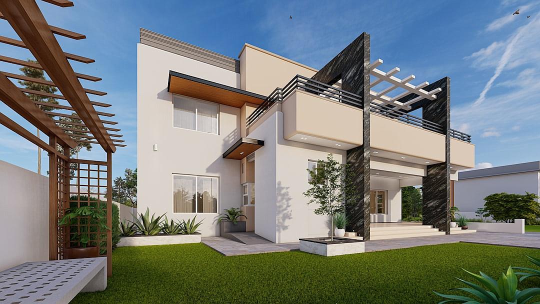 A two-story modern house with an exterior that features white walls and black accents, along with green grass in the yard and wooden accents on one side of it. The front view shows large windows, while behind is a small terrace area. A digital rendering in the style of Blue Sky Animation Studio, architectural render, vray tracing, soft edges and atmospheric effects, muted colors.