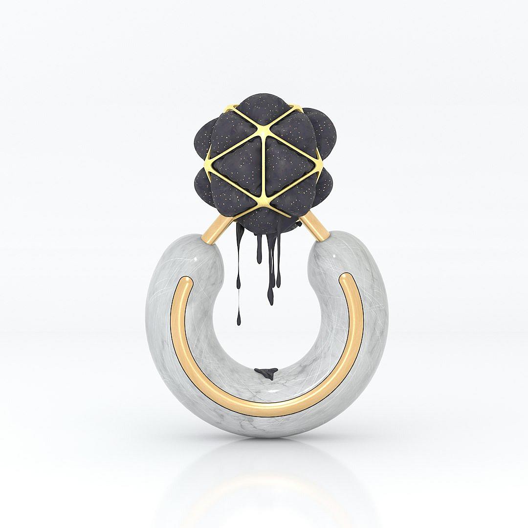 3d printed ring with dripping black lava, minimalistic geometry, stone and gold details, white background, symmetrical composition, octane render, blender, 20k, hyper realistic