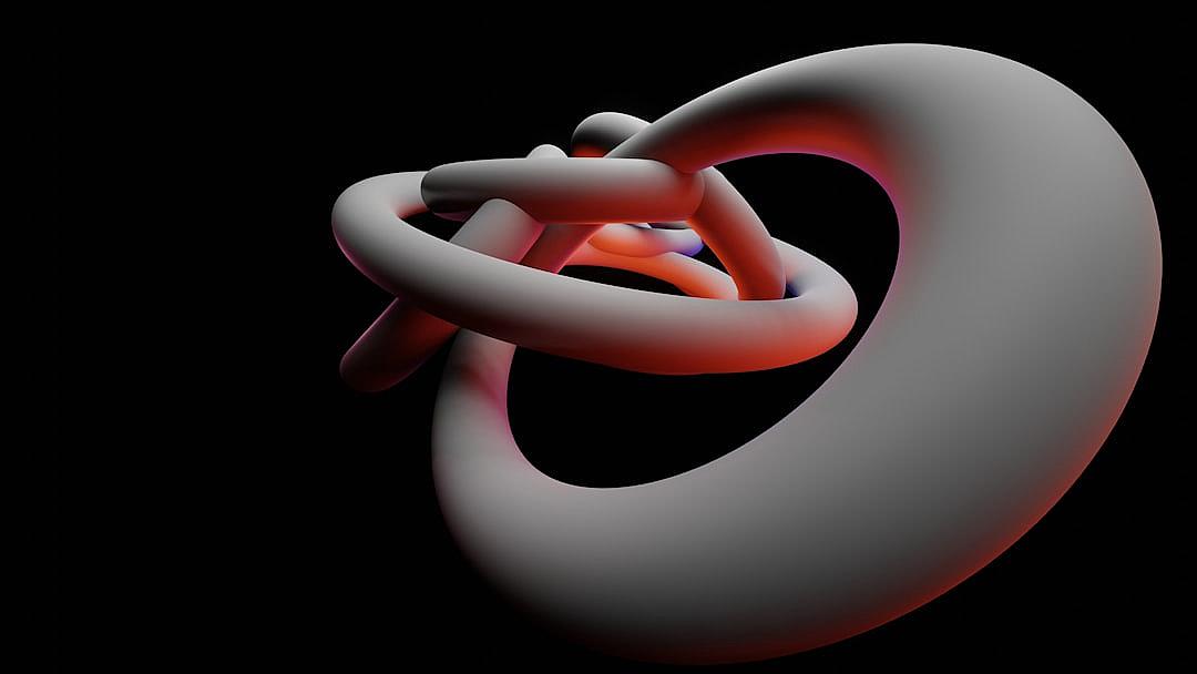 3D render of an abstract shape that resembles two intertwined rings, rendered in cinema4D with the Octane renderer on a black background. The shapes have smooth curves and are rendered in shades of gray and red to give contrast. It is floating against a dark backdrop which makes its color stand out even more. There are no text or other elements in the foreground so attention is focused only on this element. The style is reminiscent of minimalist abstract art.