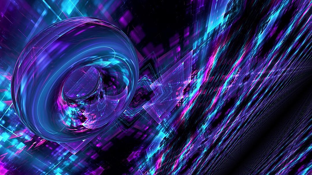 Abstract background with neon blue and purple lights, digital glitch effect, in the style of computer graphics, swirling lines in space, futuristic design, cyberpunk theme, technology-inspired wallpaper, vector illustration, high resolution, highly detailed, futuristic, digital art, 3D rendering, high definition, sharp focus, high quality, high detail, hyper realistic, hyperdetailed, high resolution, high contrast, dynamic composition, futuristic.