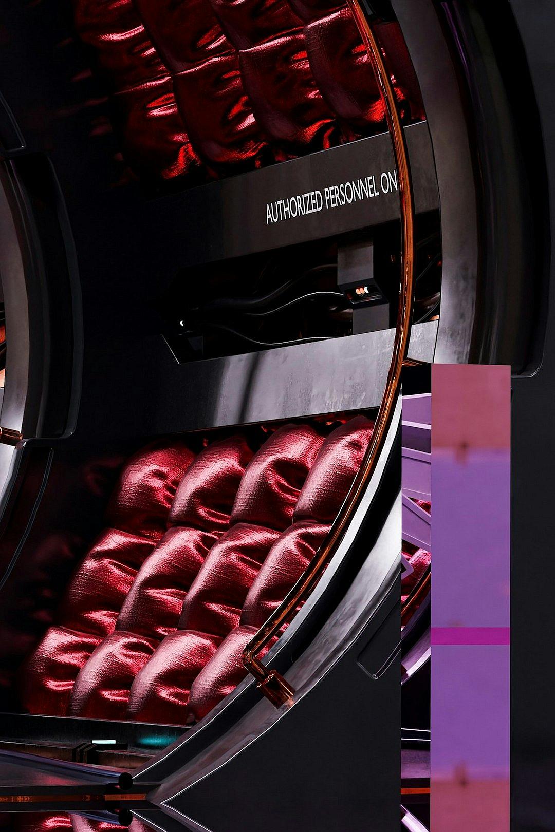 A closeup of the inside of an open, crimsoncolored luxury egg chair in front of black LED screens on one side and purple LED panels on another. The ” LoggerFactoryRoyale” logo is written above it. A small piece of red fabric lies next to them. There’s also text that says ‘ lancome”, a brand name for Dior cosmetics. In an advertising style photo, this should be an advertisement with highquality photography. It has a futuristic feel.