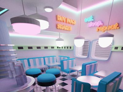 3D render of an ice cream parlor with neon signs that say "eat sleep, repeat" in the style of the movie Toy Story. Pastel colors and teal blue seating with white checkered floors.