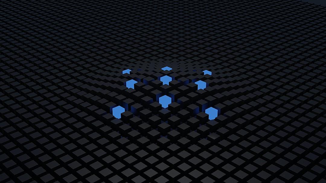 Black grid background with blue squares arranged in an abstract pattern, creating the appearance of three-dimensional space on top of a flat black surface. The shapes appear to be made up of small cube-like elements that create depth and perspective. This design could symbolize digital or futuristic themes, suitable for various applications where it’s used as a base texture.